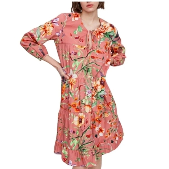 Zara pink floral print poplin dress tiered knee length summer lightweight small